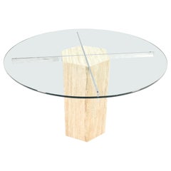 Vintage Hexagon Italian Travertine Base Glass Rond Top Mid-Century Modern Dining Table