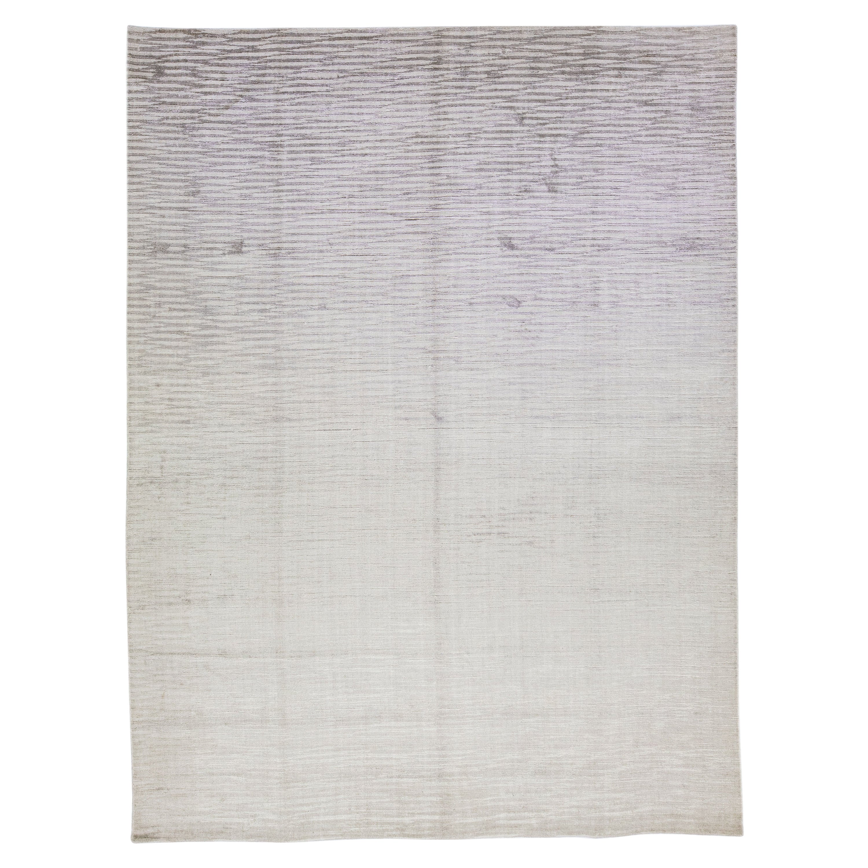 Contemporary Handmade Wool & Silk Rug with Silver Gray Stripe Motif