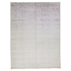 Contemporary Handmade Wool & Silk Rug with Silver Gray Stripe Motif