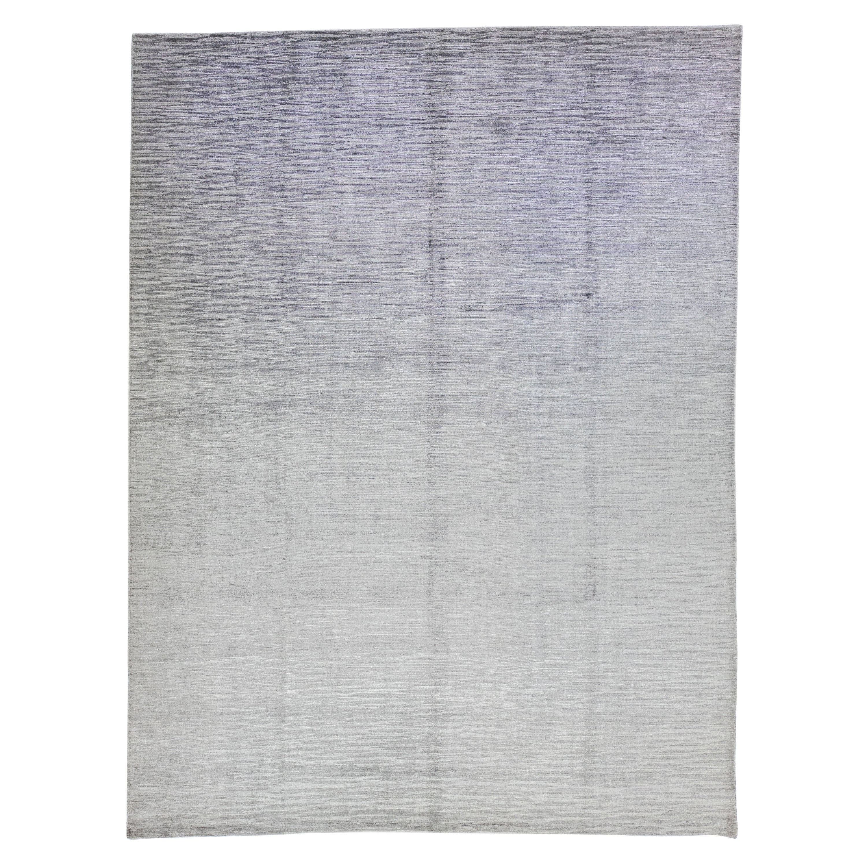 Gray Modern Handmade Wool & Silk Rug with Stripe Design For Sale