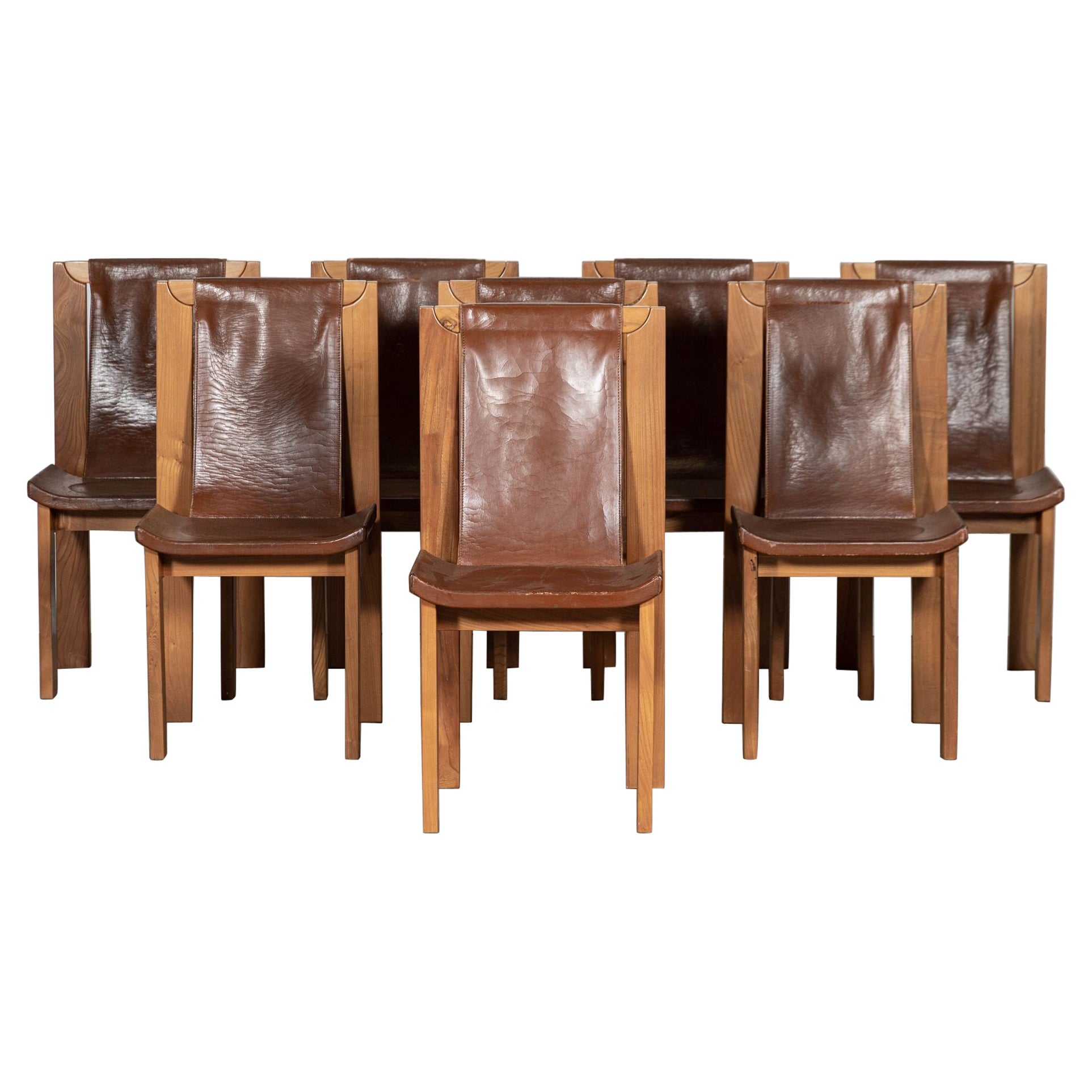 Set 8 French Roland Haeusler Elm & Leather Brutalist Chairs For Sale