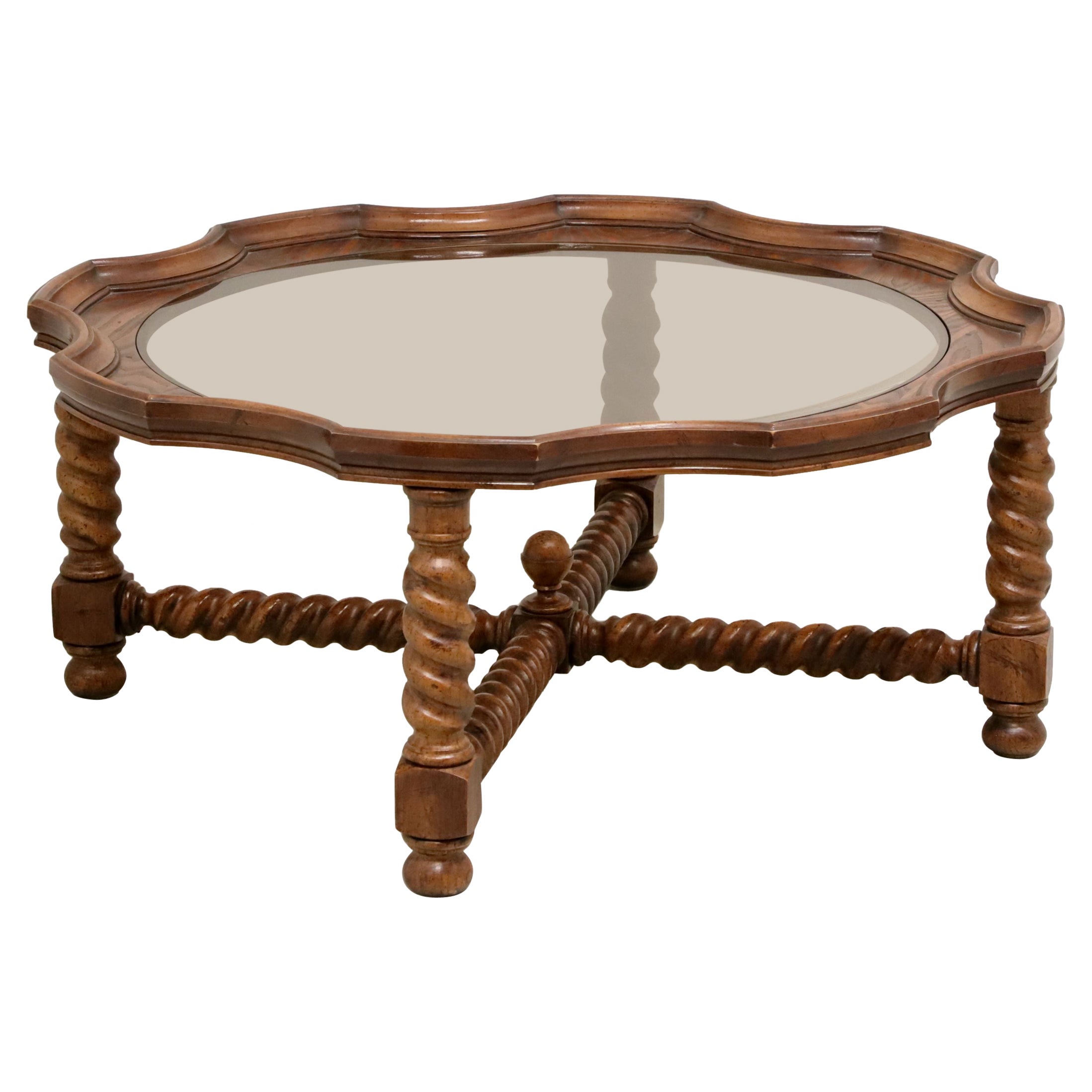 Late 20th Century Oak Barley Twist Jacobean Round Glass Top Coffee Table For Sale