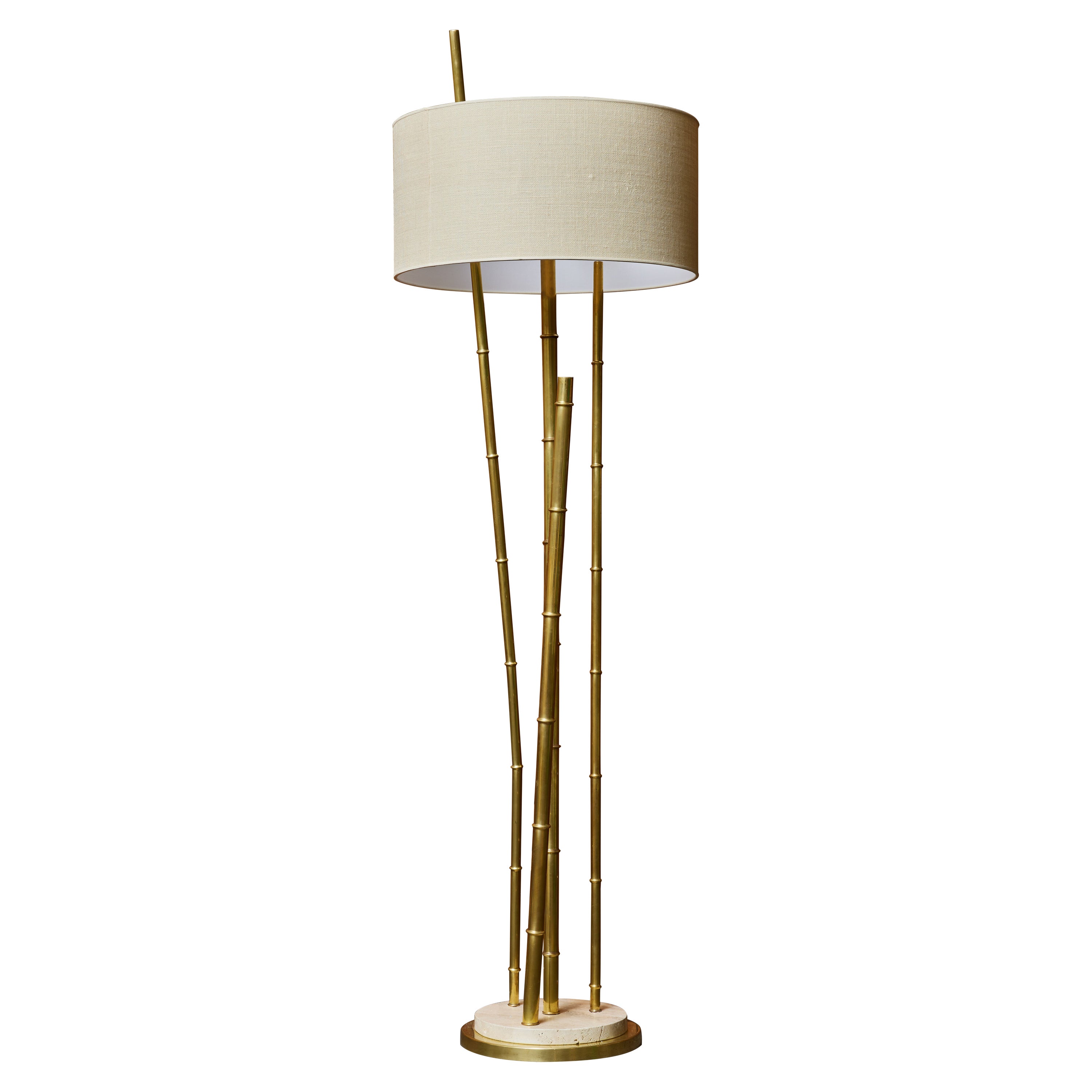 Brass and Travertine Bamboo Style Floor Lamp For Sale