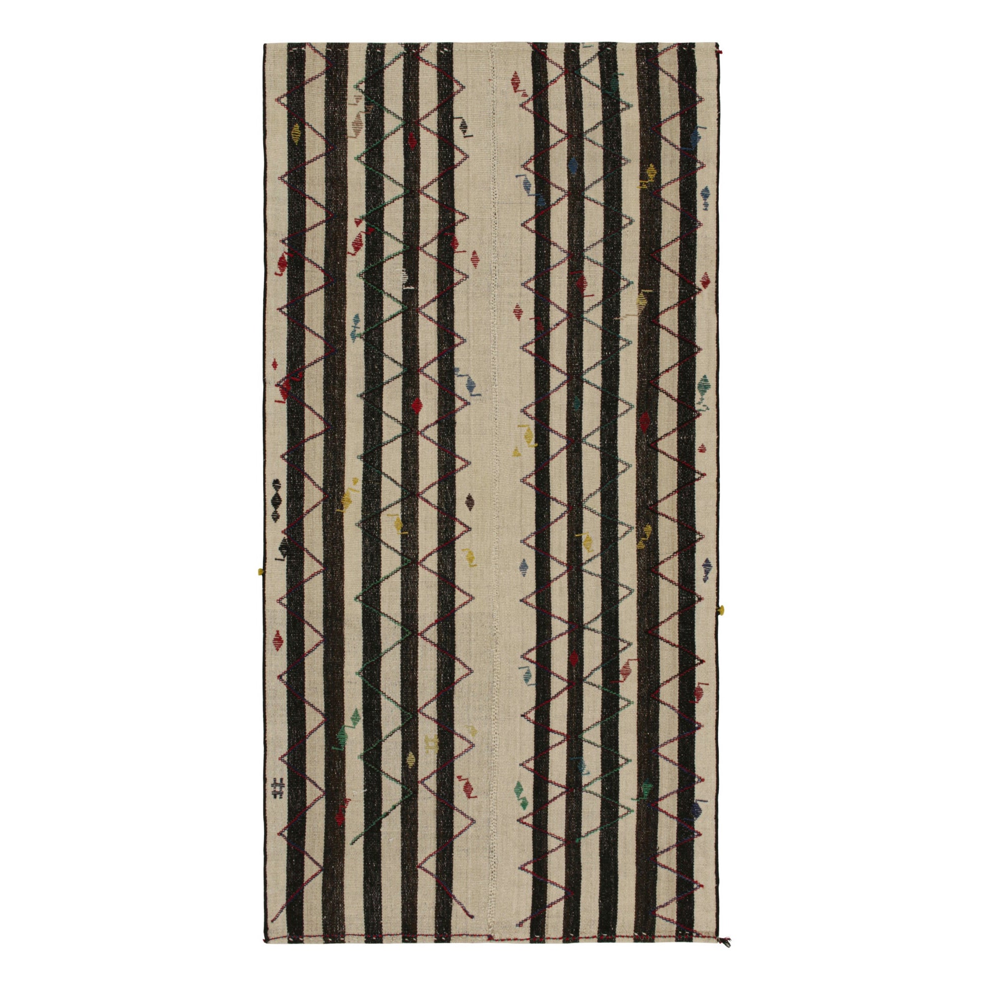 Vintage Persian Kilim in Beige with Black Stripes, Panel Style For Sale