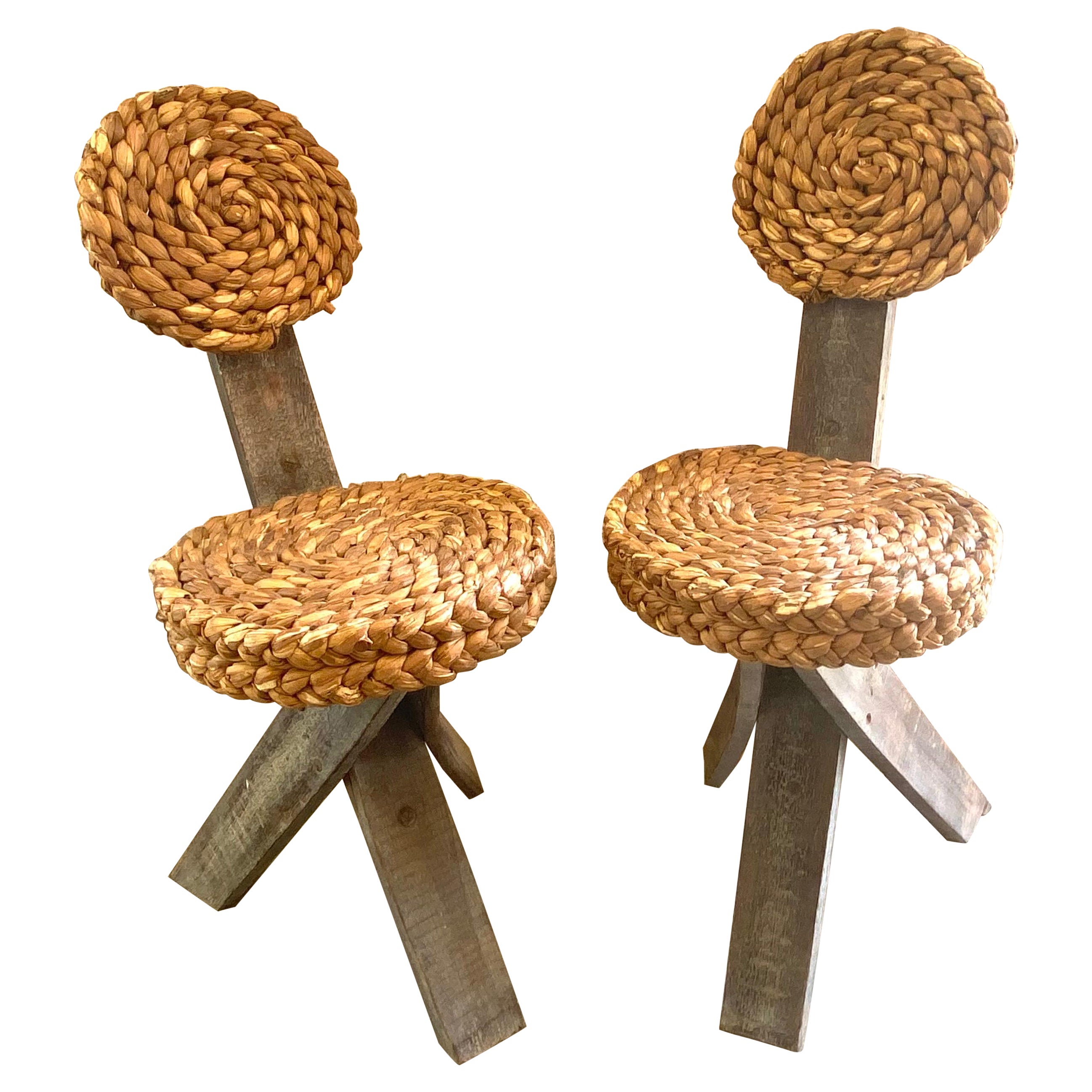 Pair of Audoux Minet Tripod Base Chairs with Abaca Seat and Back For Sale