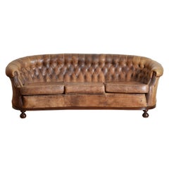 French Late Art Deco Tufted Leather 3-Cushion Sofa, 2nd Quarter 20th Century