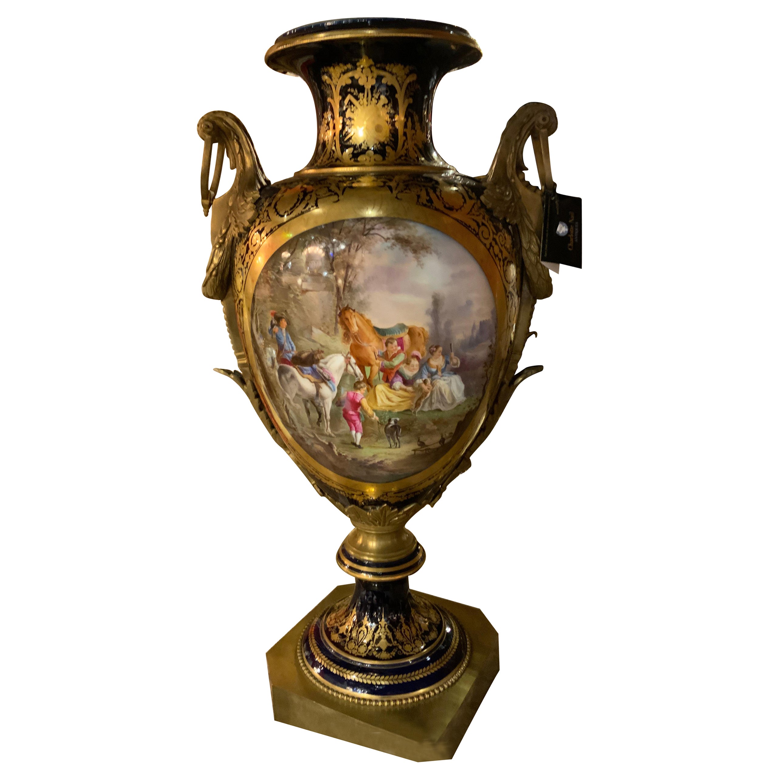 Palace Size Sevres Vase in Cobalt Blue with Gilt Bronze Mounts