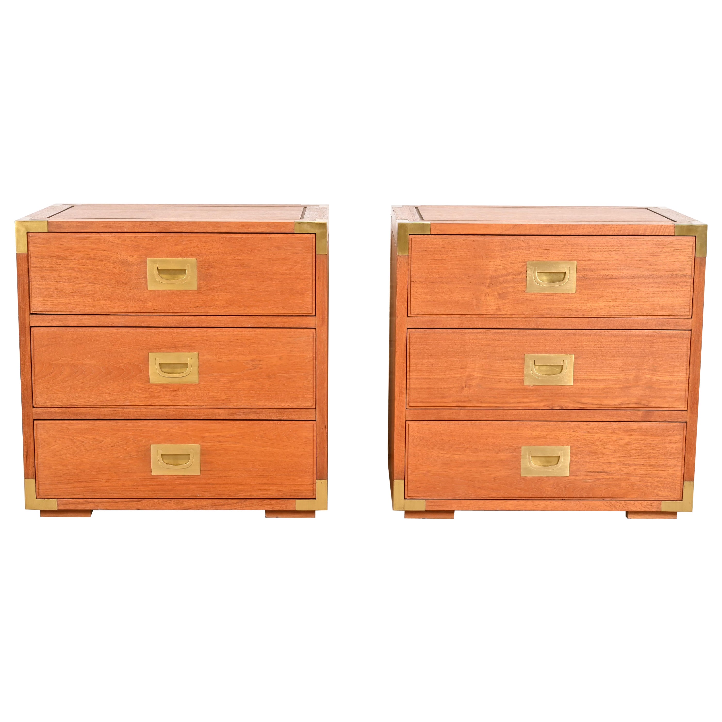 Midcentury Danish Modern Teak and Brass Campaign Nightstands, Pair