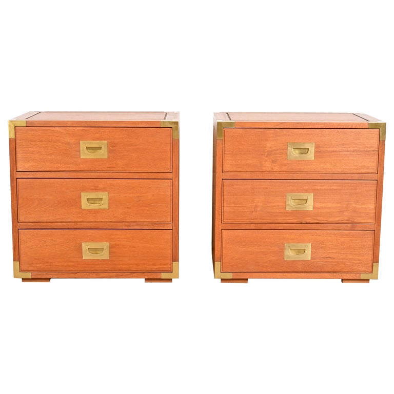 Midcentury Danish Modern Teak and Brass Campaign Nightstands, Pair For