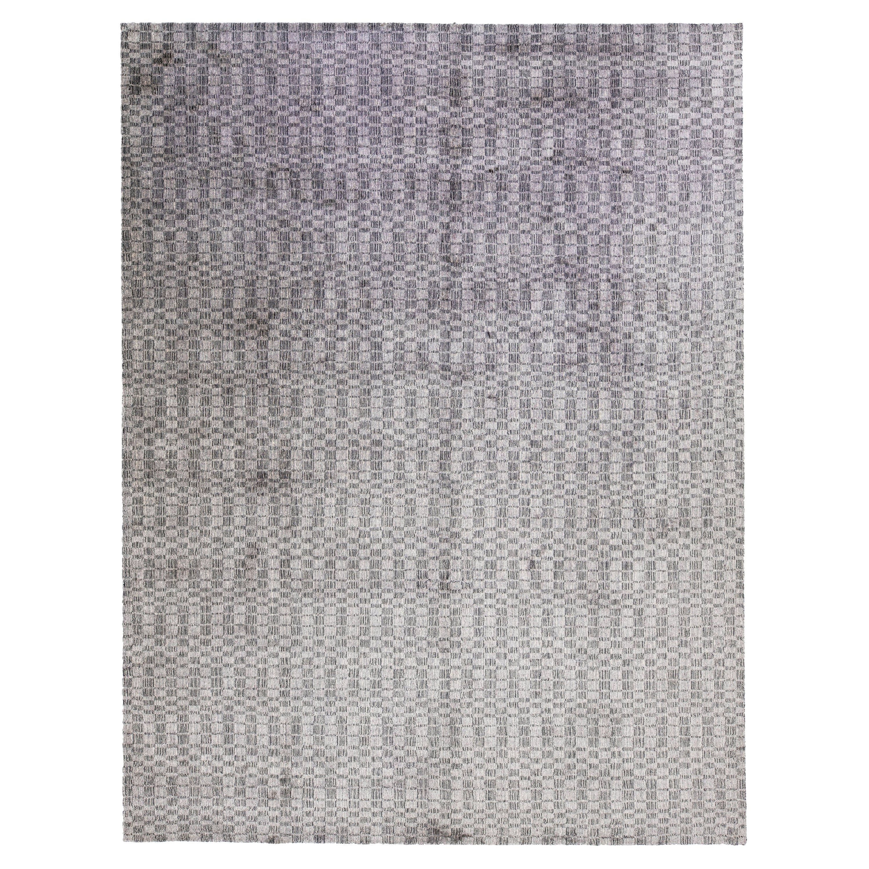 Tapis abstrait moderne en laine et soie grise fait à la main 