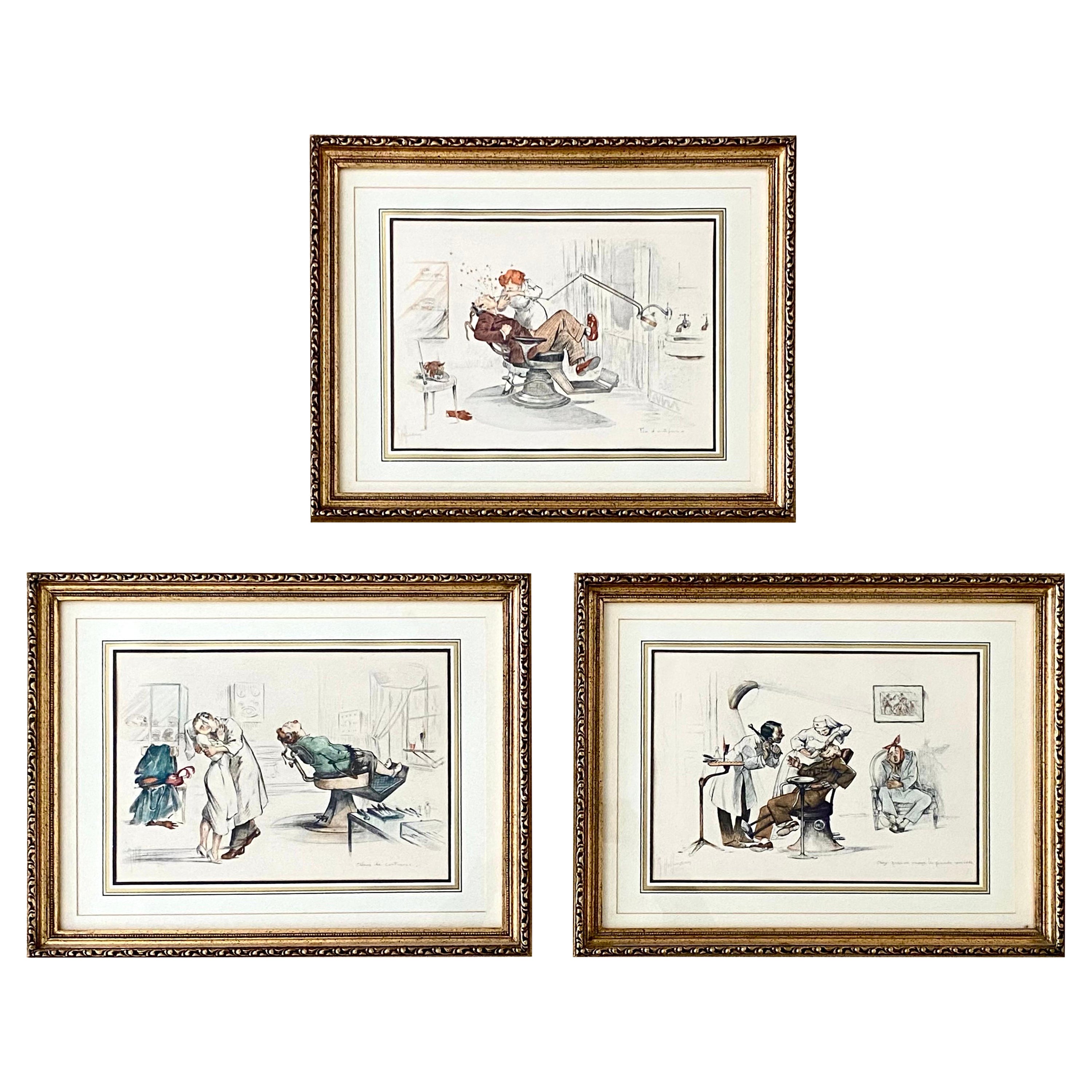 Gaston Hoffmann Set of 3 Satirical French Dental Illustration Lithographs For Sale