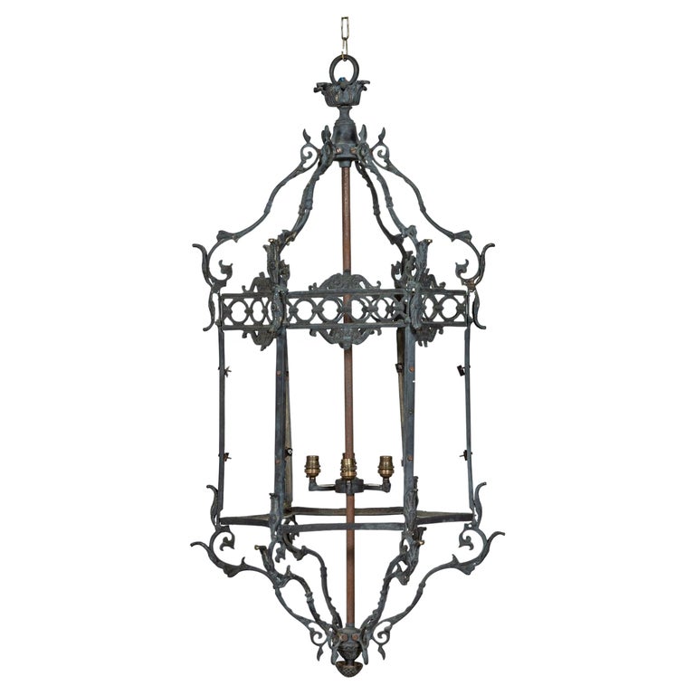 Monumental English Country Estate 19thC Verdigris Bronze Lantern For