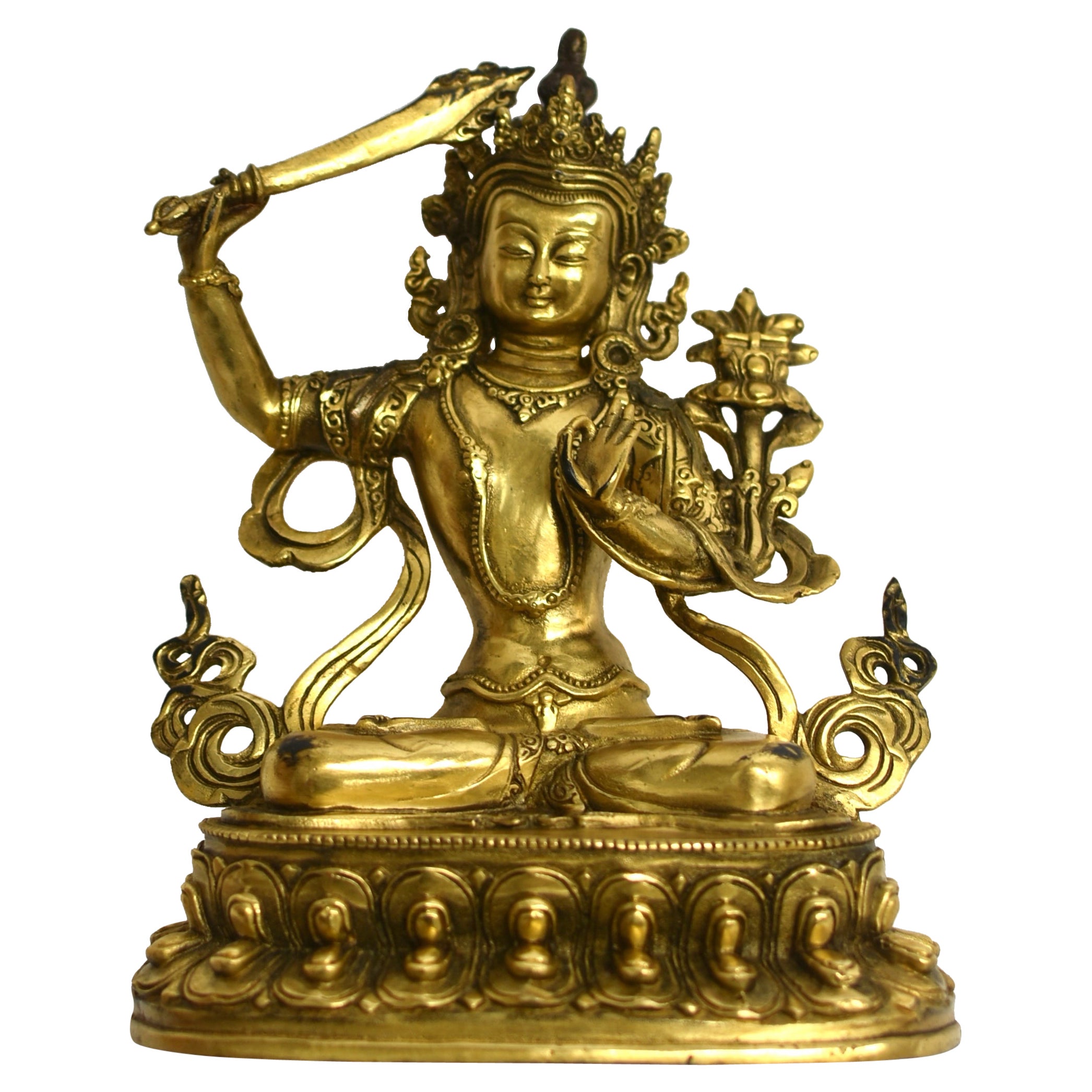 Gilt Bronze Smiling Manjushree Tibetan Buddha For Sale