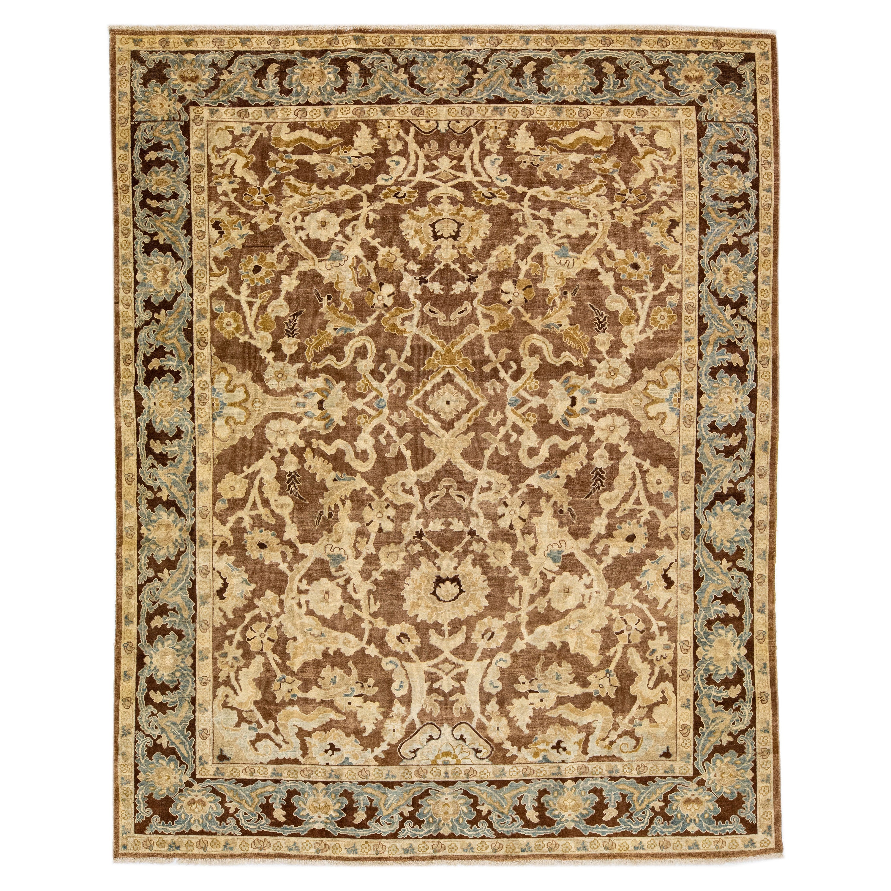 Tapis moderne en laine Sultanabad, marron, fait à la main avec motif floral Allover