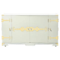 Vintage Tommi Parzinger Bar Cabinet Lacquered in White Chocolate with Polished Brass