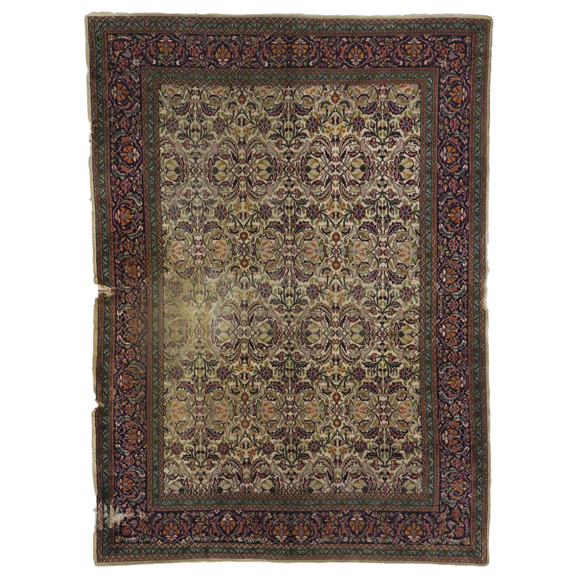 Distressed Weathered Antique Persian Kashan Rug