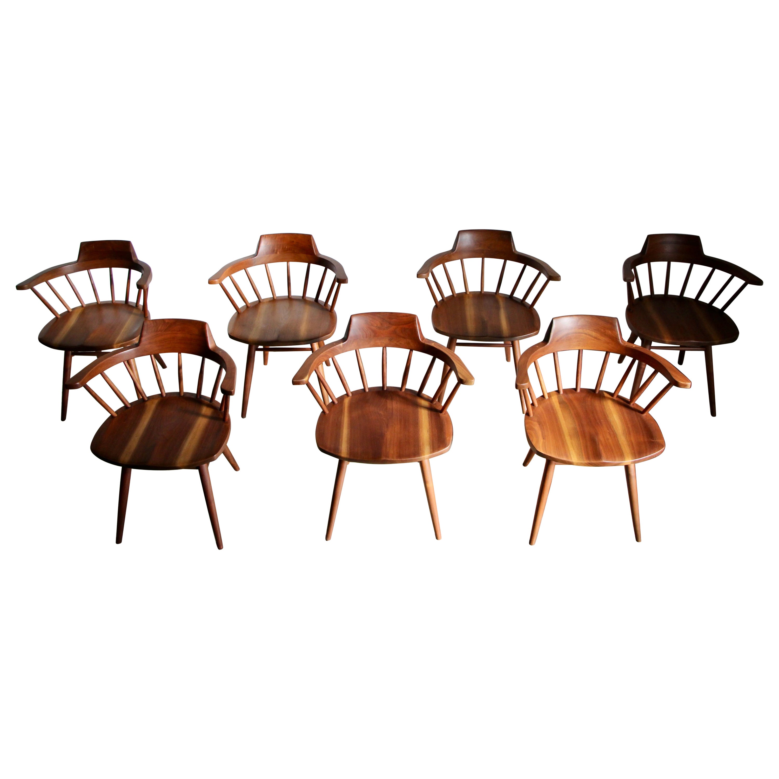 George Nakashima Early Set of 8 Walnut "Captain" Chairs, 1959 