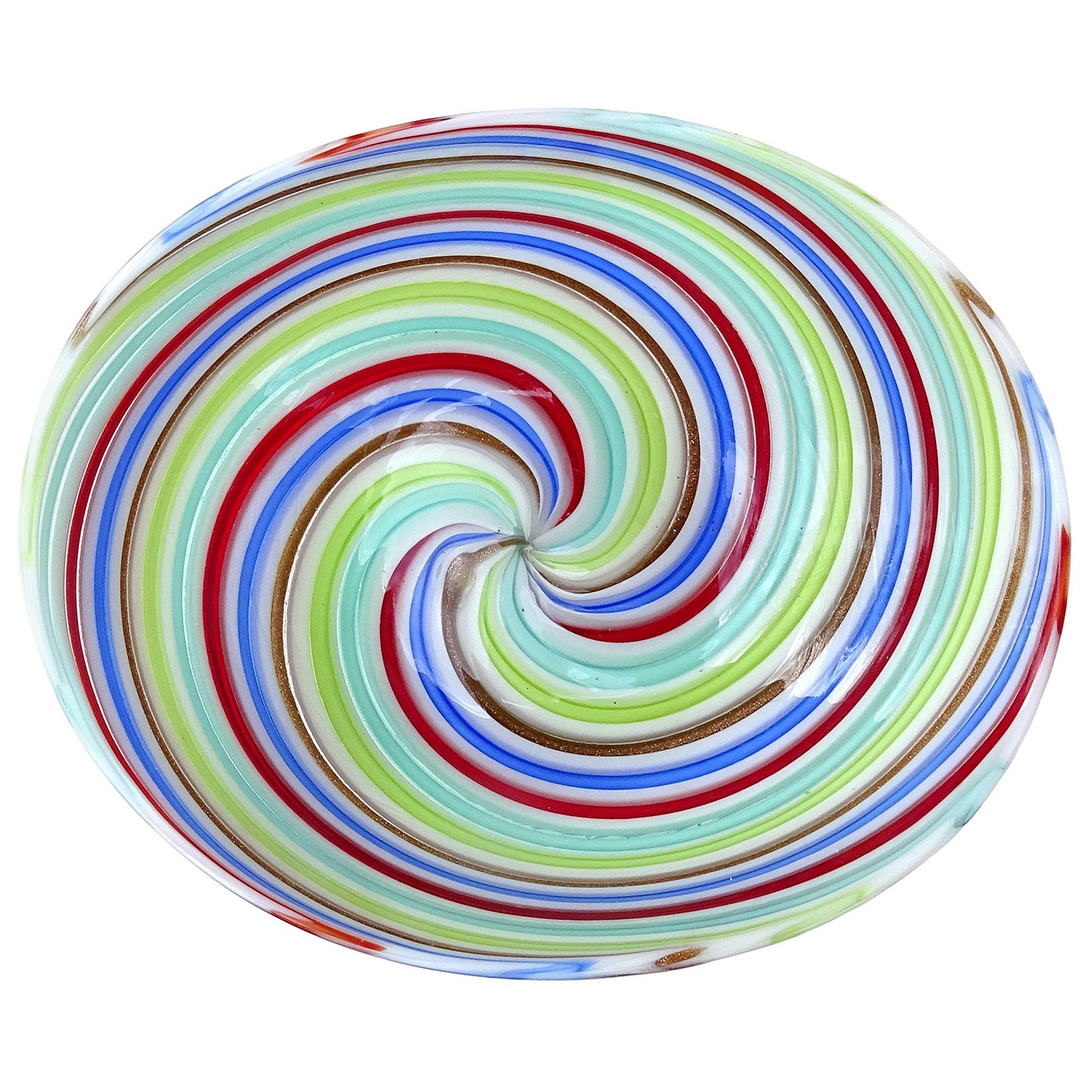 Dino Martens plat à rubans en verre d'art italien de Murano blanc, rouge, bleu et aventurine en vente