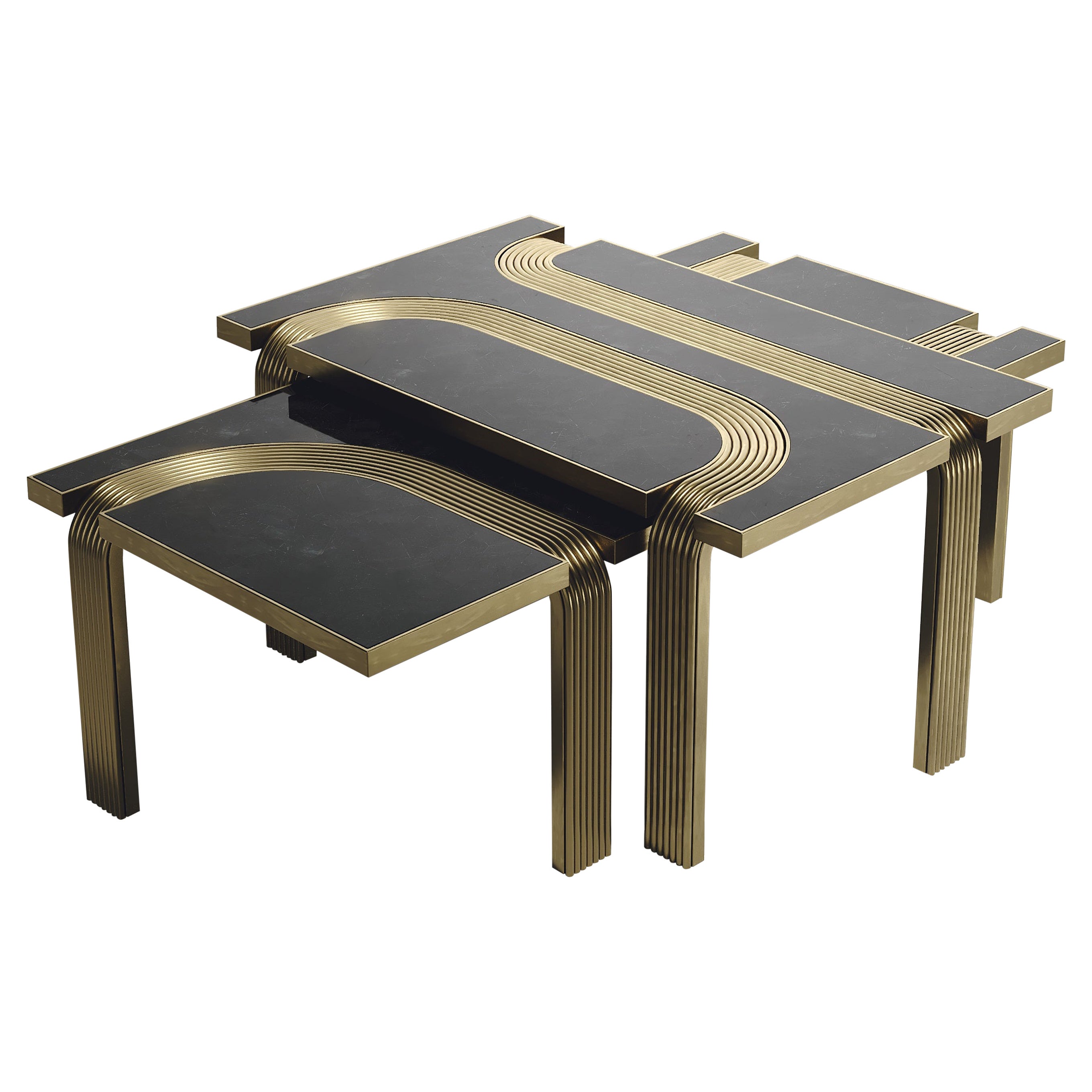 Shell Inlaid Nesting Coffee Tables with Brass Details by R&Y Augousti For Sale