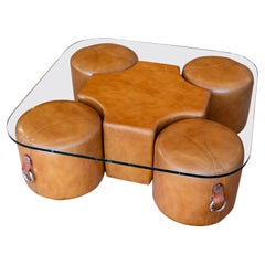 Vintage Coffee Table with Its 4 Leather Poufs by Guido Faleschini