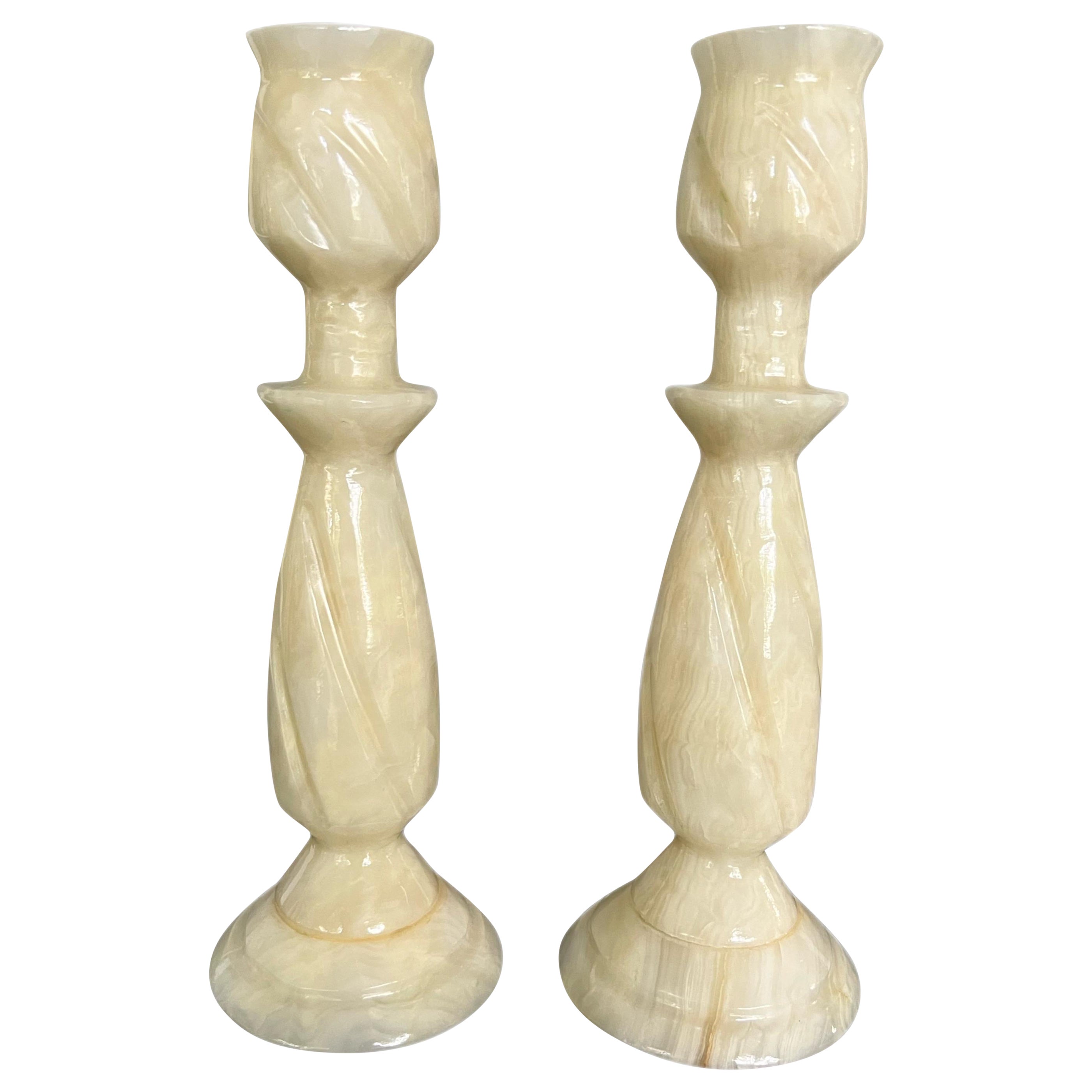 Vintage Hand Carved Alabaster Marble Candlesticks, a Pair For Sale