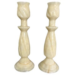 Vintage Hand Carved Alabaster Marble Candlesticks, a Pair