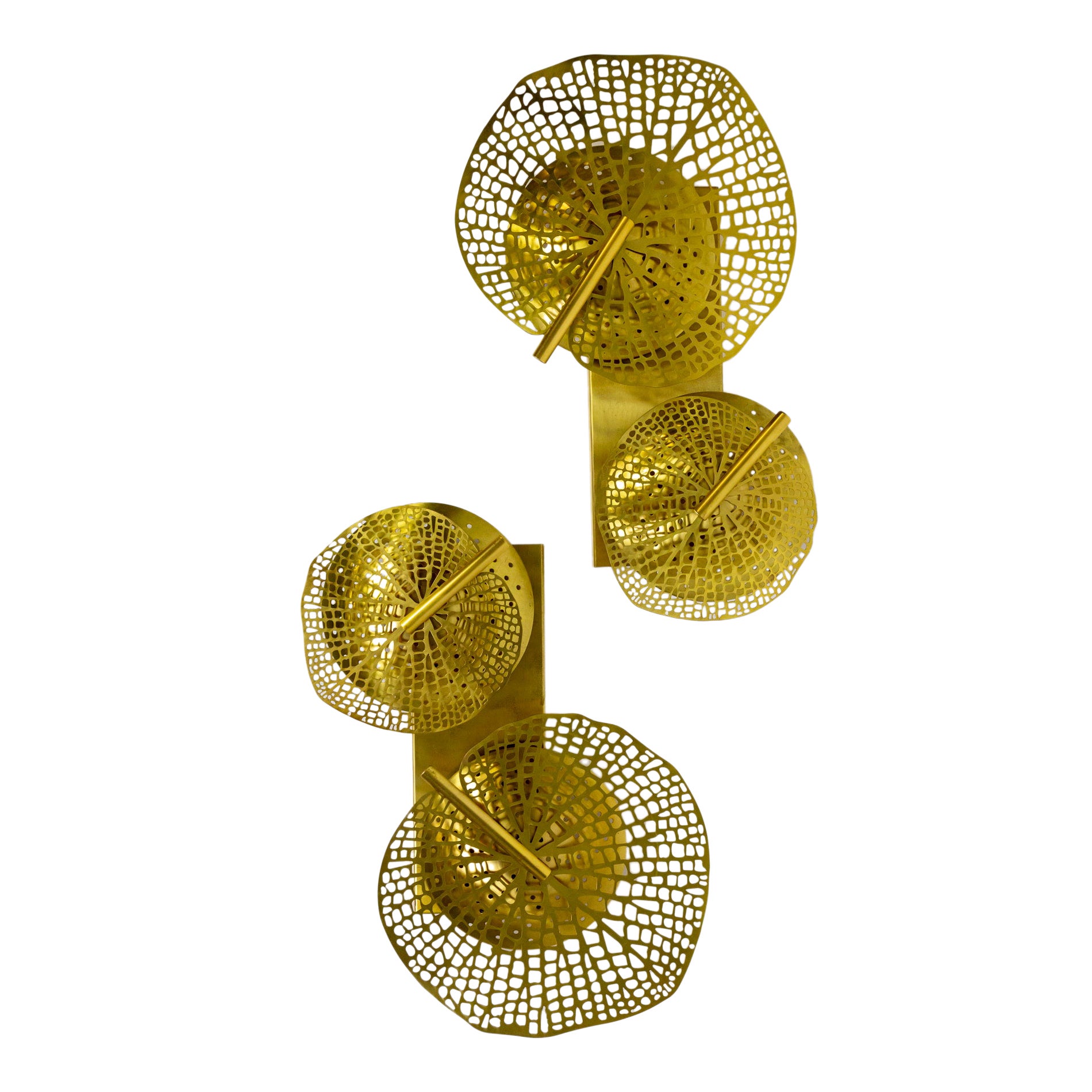 Contemporary Italian Polished Brass Perforated Leaf Sconces, Pair.  For Sale