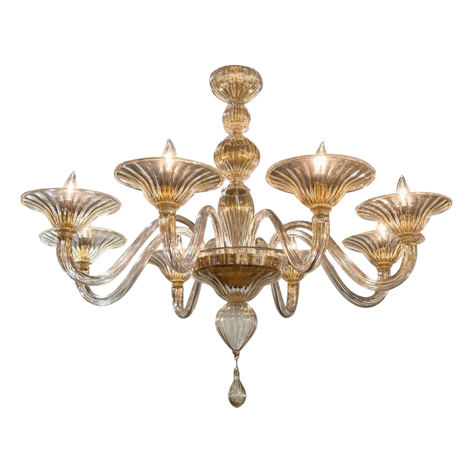 Modern Gold Glass Murano Chandelier with 8 Arms For Sale