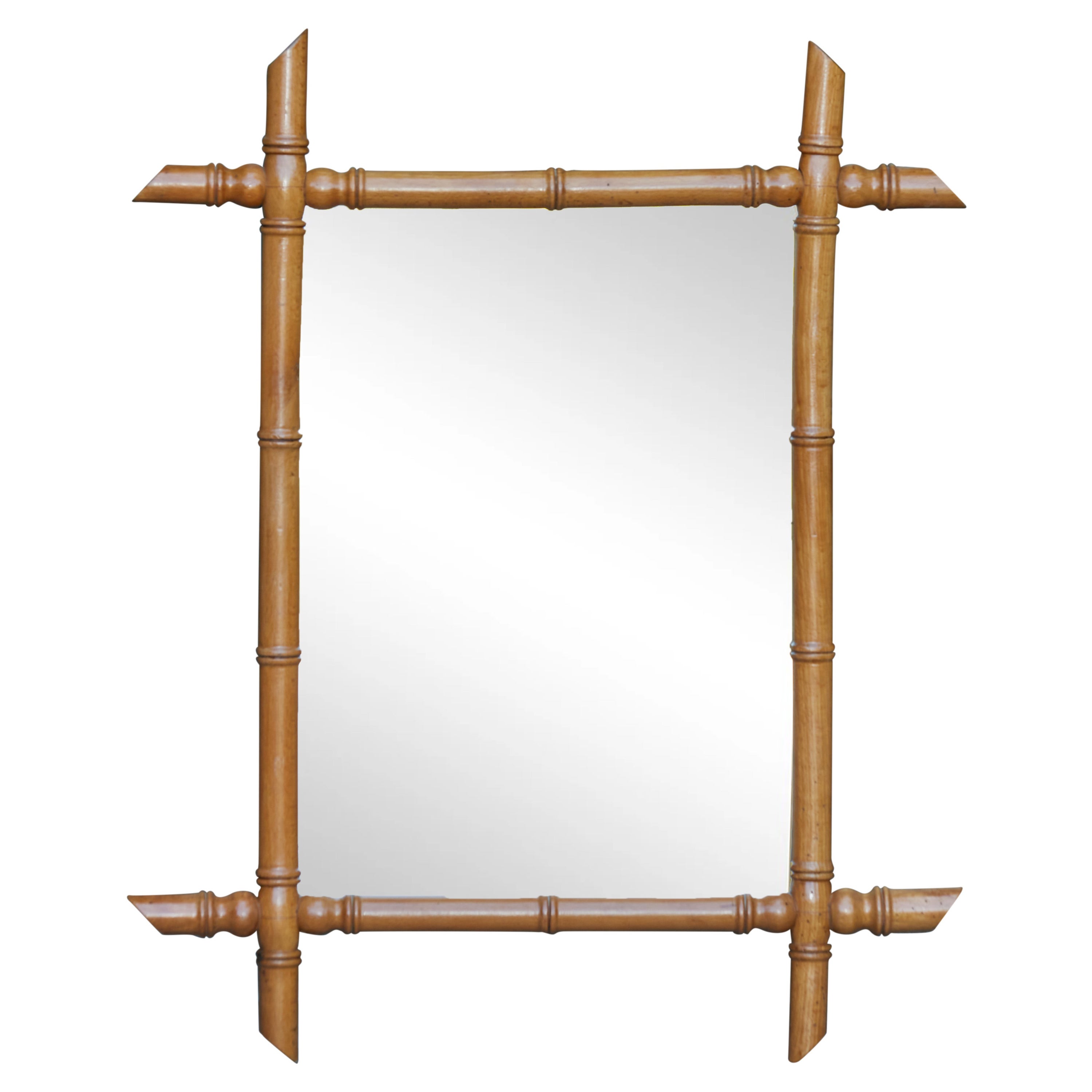 French Walnut Faux-Bamboo Mirror with Intersecting Corners, circa 1920 For Sale