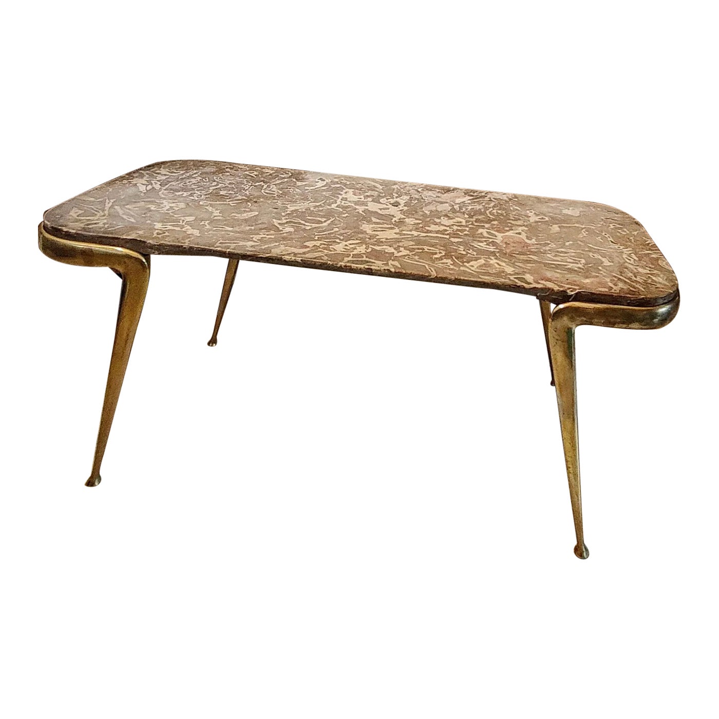 Architet Cesare Lacca, 1950, Coffe Table, Cast Brass Structure and Marble Top For Sale