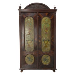 French Painted Patinated Oak Armoire Floral Paints, 19th Century