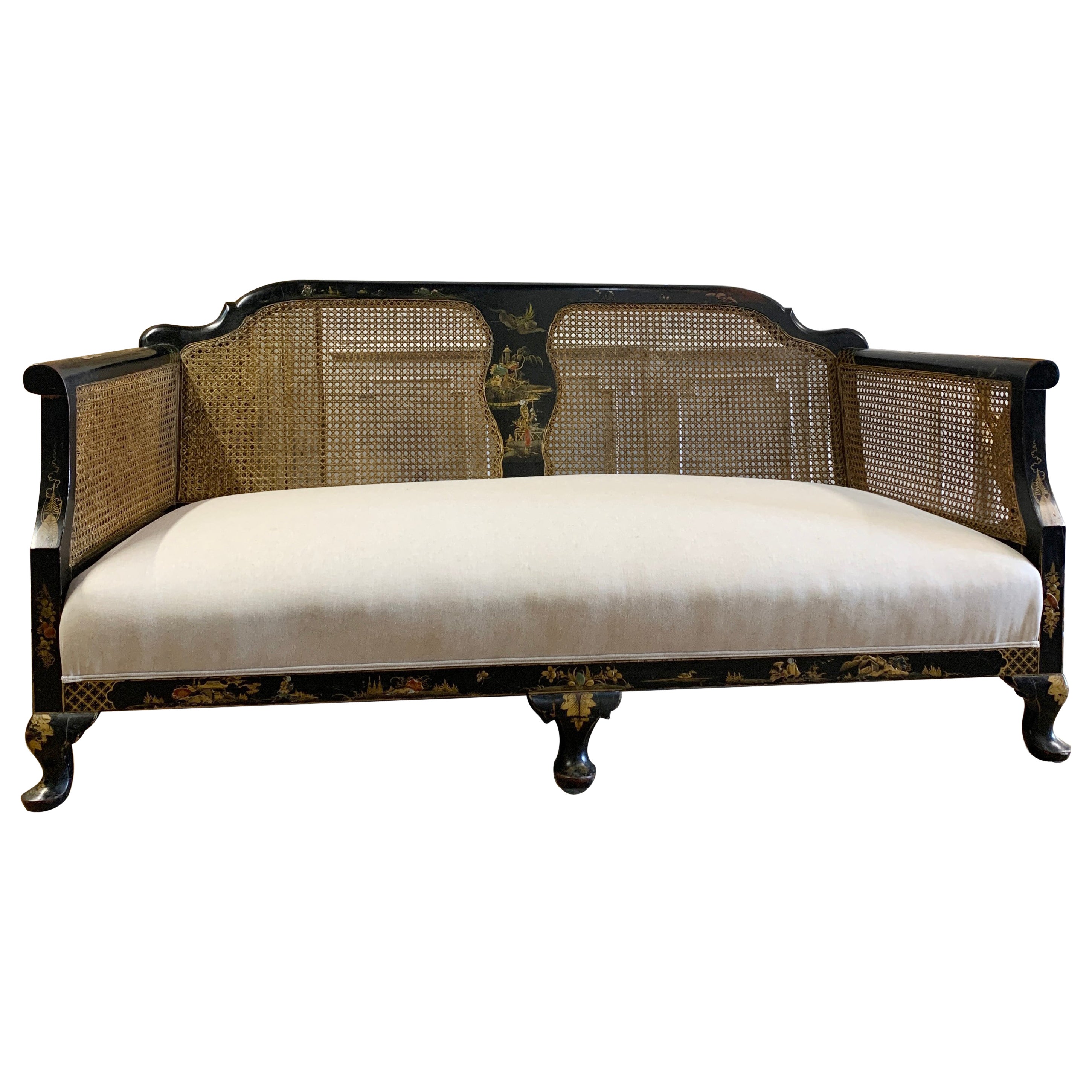 Edwardian Black Chinoiserie Bergère Cane Settee For Sale