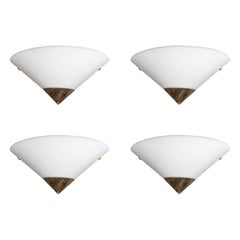 1970s Set of Four Wall Sconces in Opaque Plastic and Gilded Metal