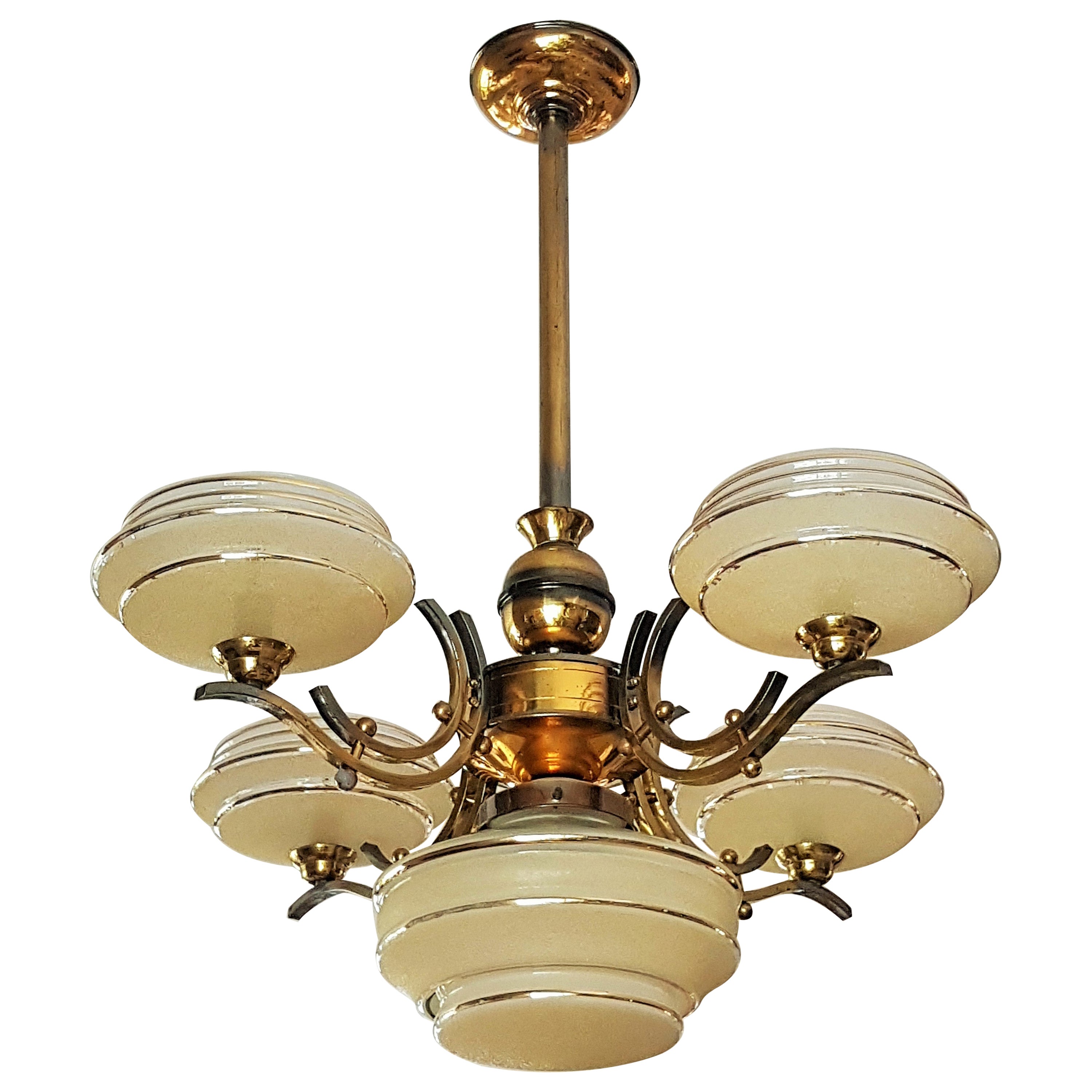 Art Deco Chandelier Brass, Opalescent Yellow Glass, France, 1935 For Sale