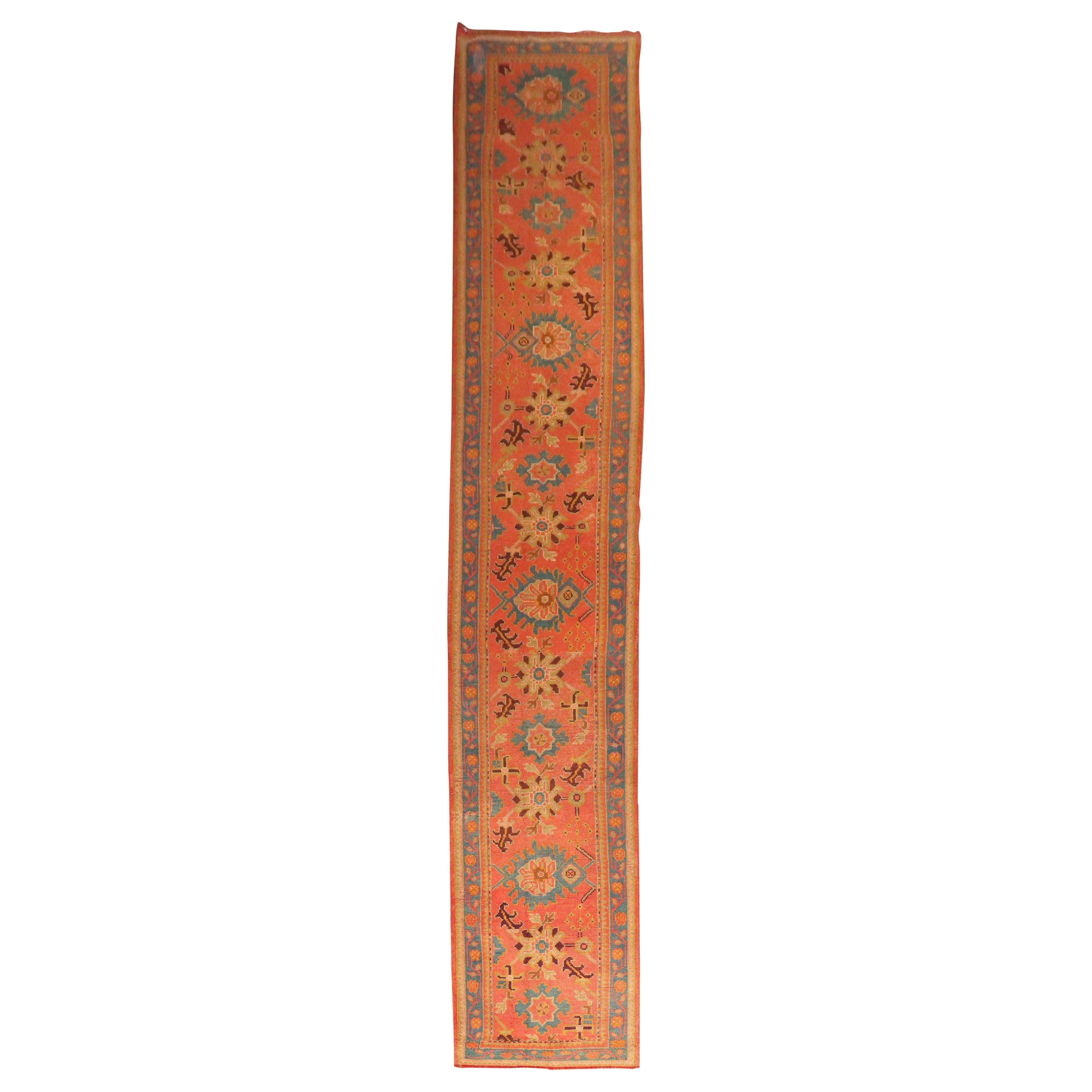 Zabihi Collection Antique Long Orange Turkish Oushak Early 20th Century Runner For Sale