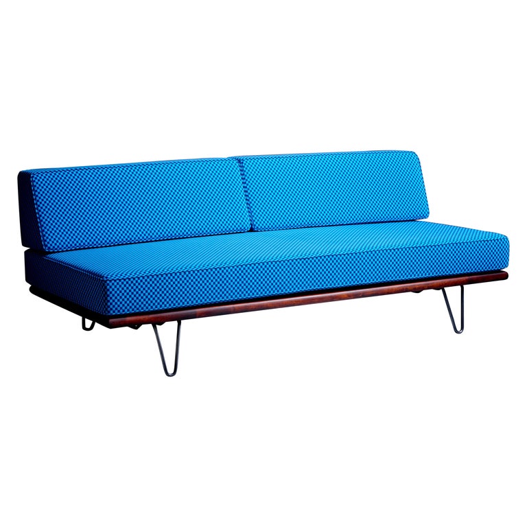 Nelson Daybed Sofa in blue chequer reupholstery by Alexander