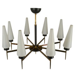 French 1950s Chandelier with Opalescent Shades on Brass and Black Frame