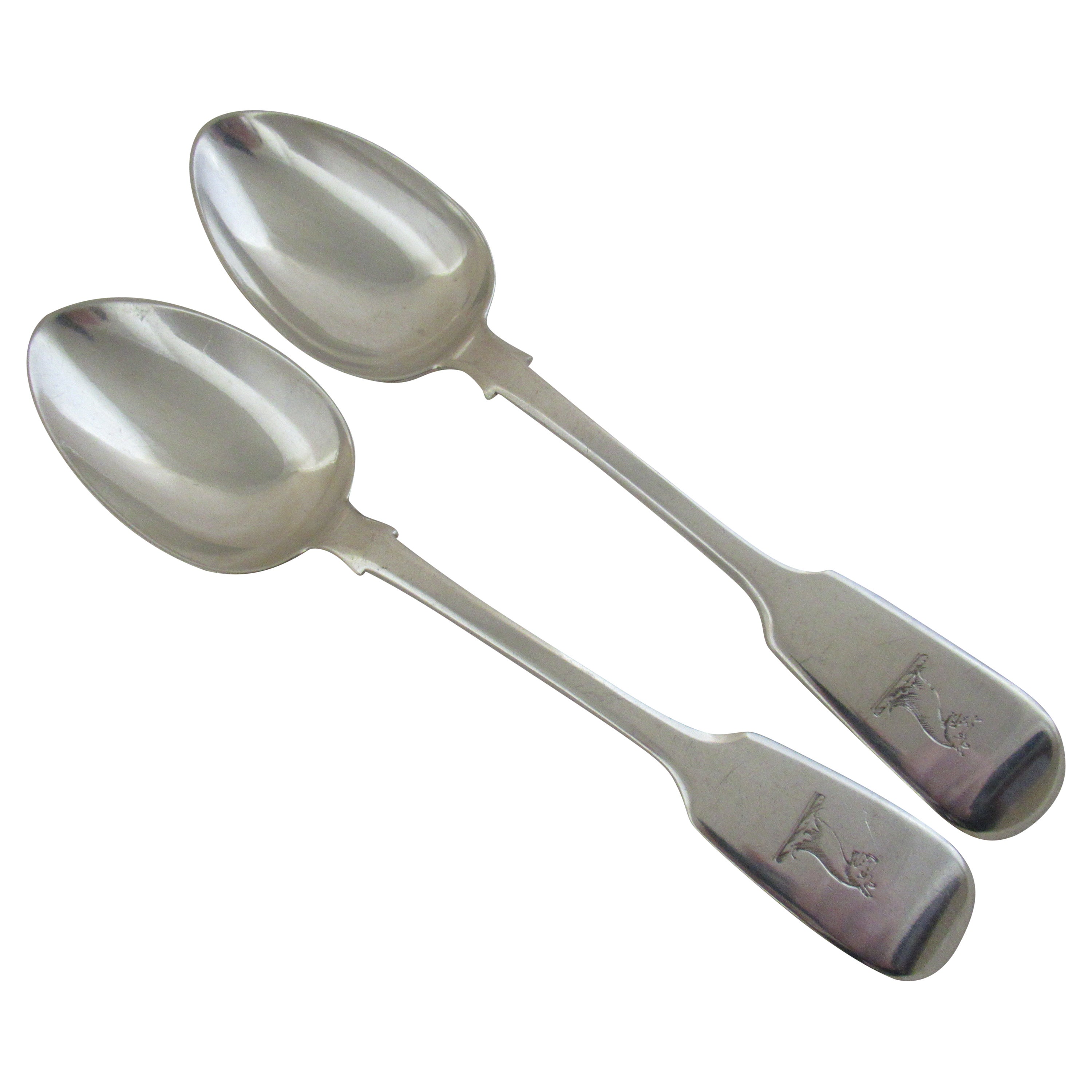 Sterling Silver, Pair of Fiddle Shape Dessert Spoons, Hallmarked, London, 1844 For Sale