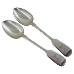 Used Sterling Silver, Pair of Fiddle Shape Dessert Spoons, Hallmarked, London, 1844