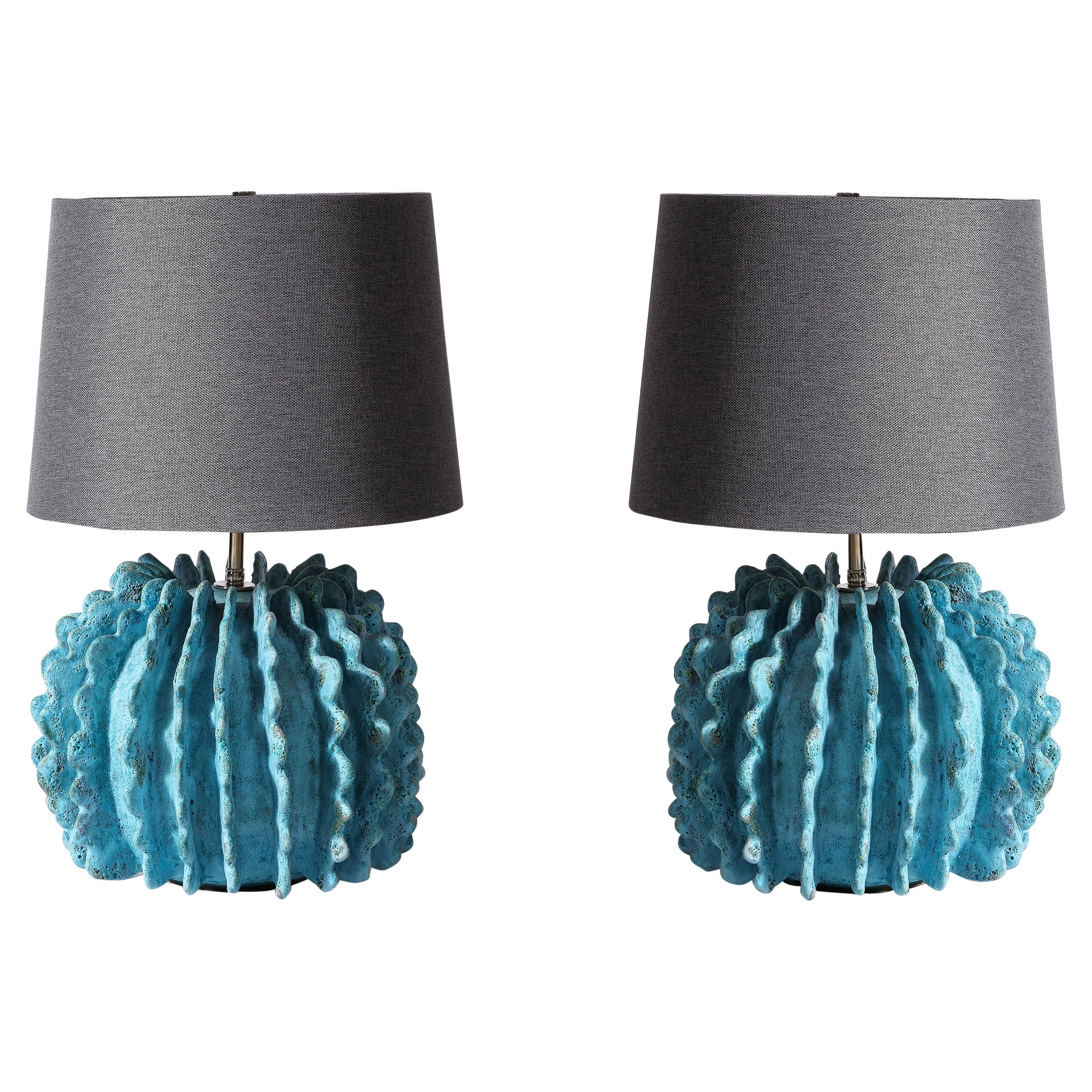 Pair of Ceramic Turquoise Lamps by Shizue Imai