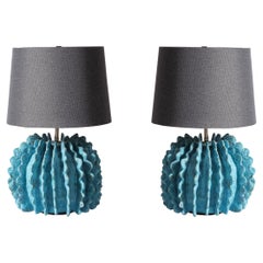 Pair of Ceramic Turquoise Lamps by Shizue Imai