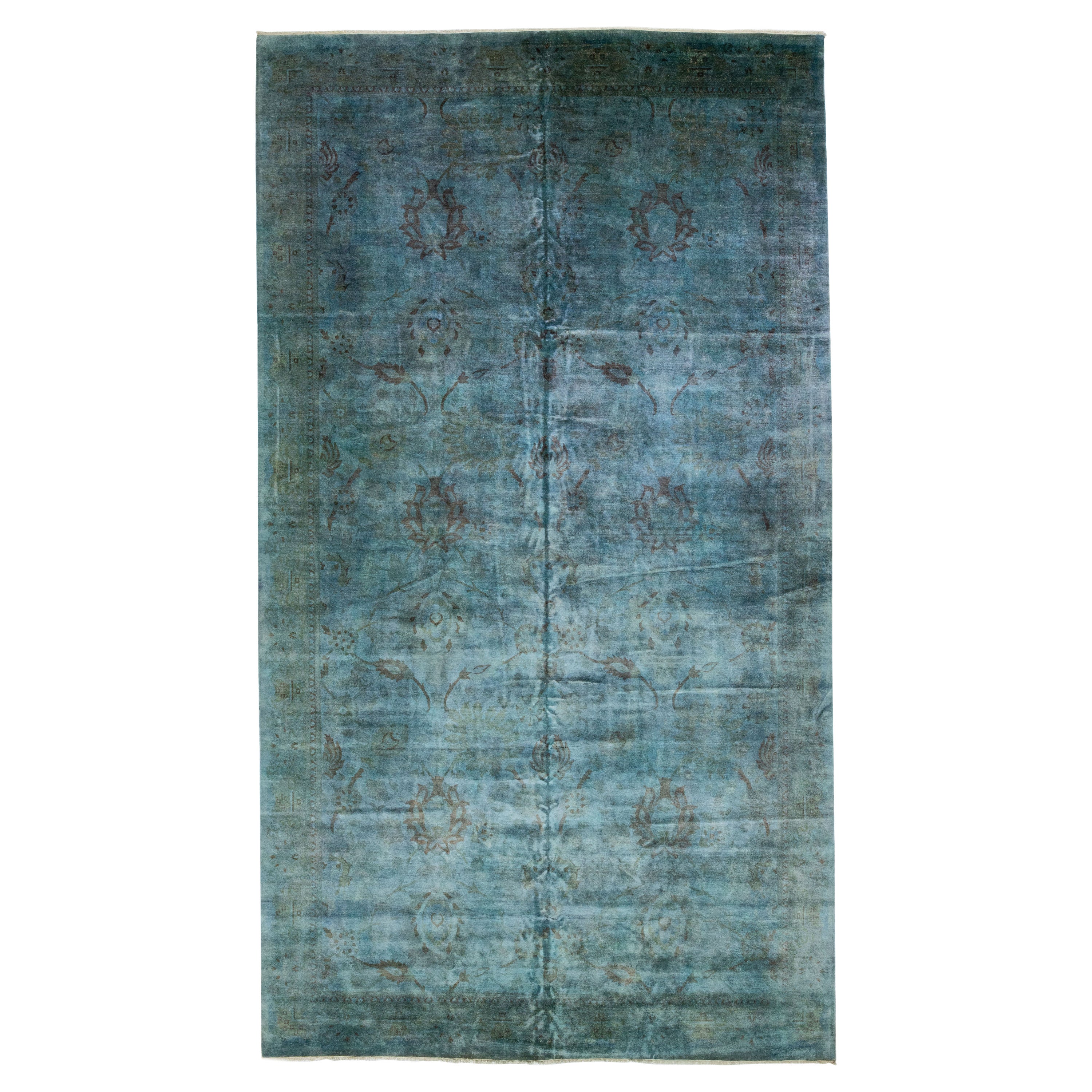 Turquoise Modern Transitional Art & Crafts Wool Rug Handmade with Floral Motif For Sale