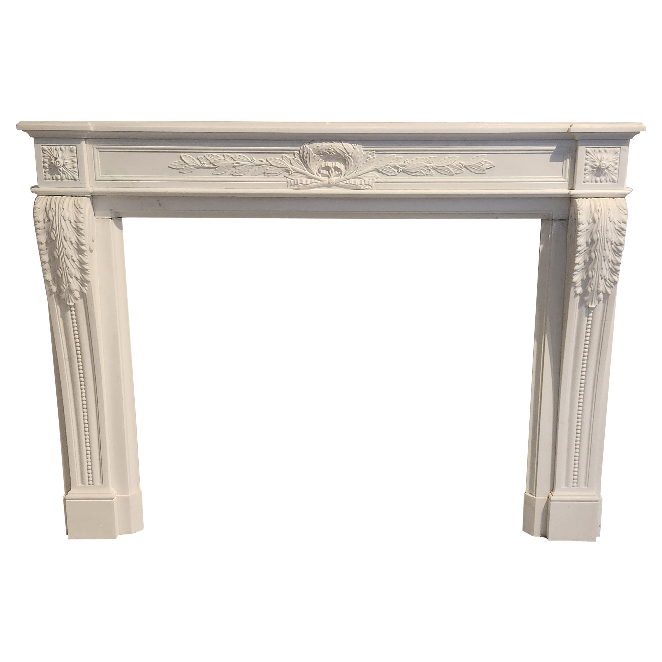 Hand-Carved White Marble Fireplace Mantel in the Regency Style For Sale