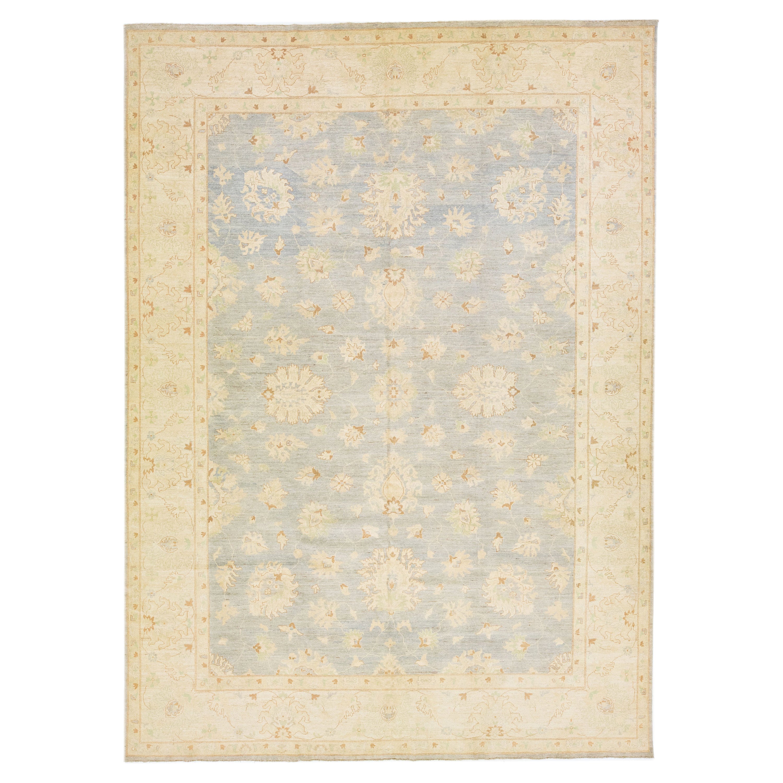 Oversize Floral Modern Oushak Style Wool Rug Handmade In Gray For Sale