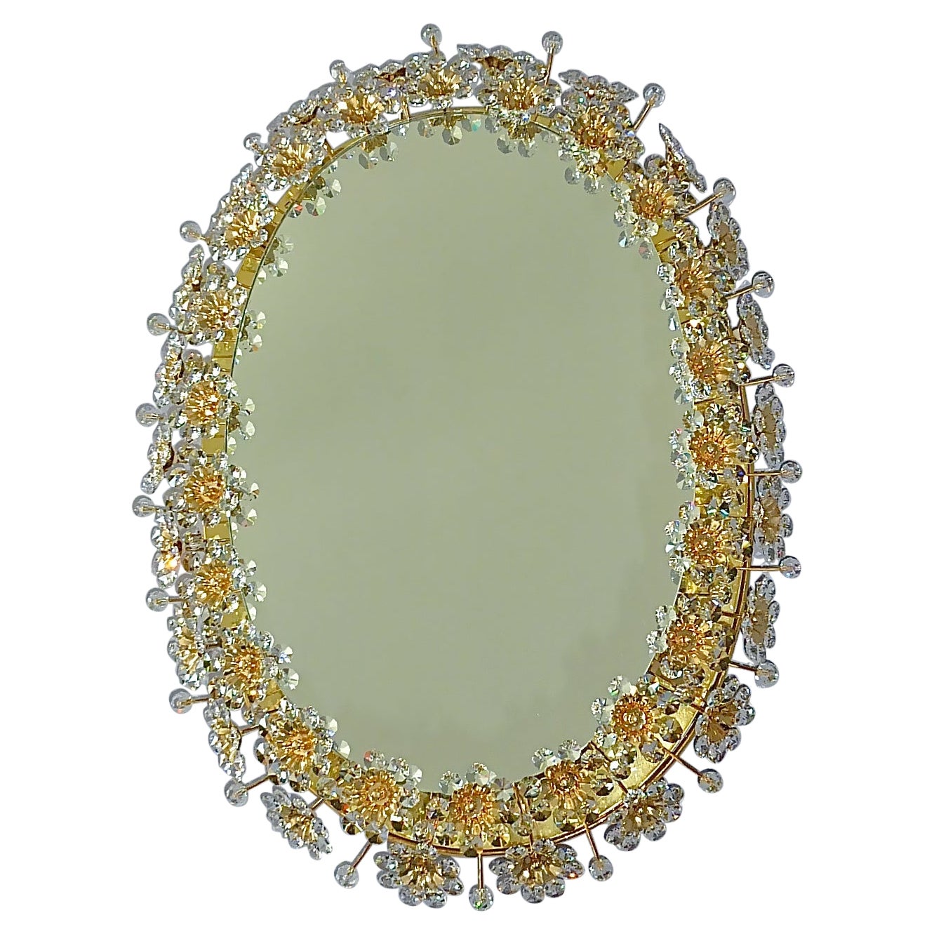 Grand miroir ovale rétroéclairé à fleurs Palwa en cristal doré signé Lobmeyr, 1970 