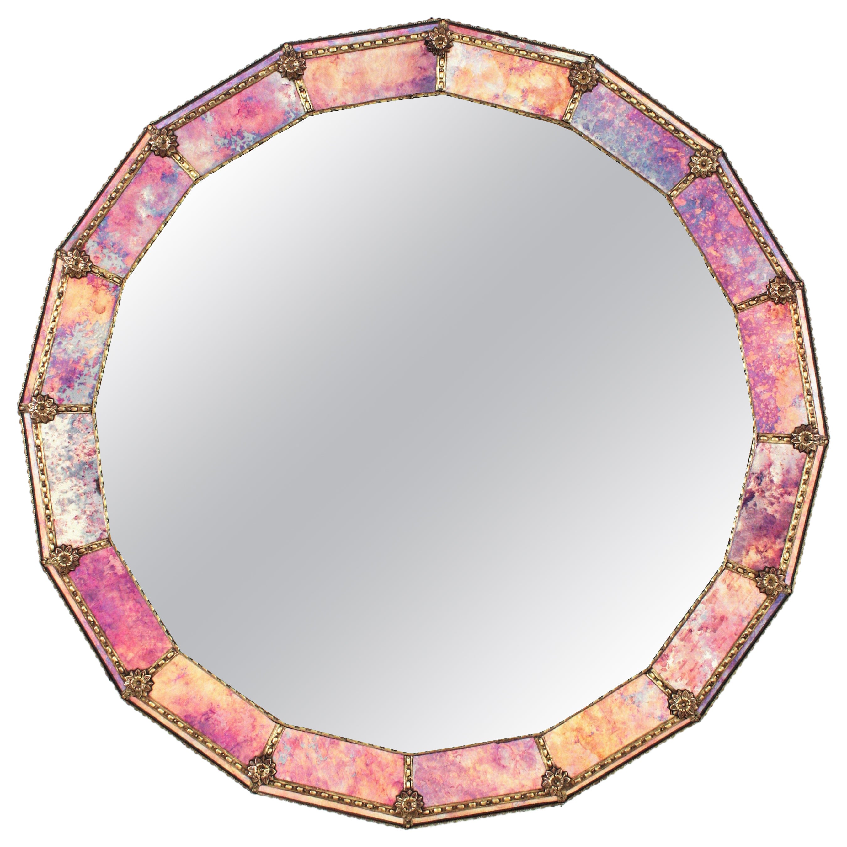 Venetian Style Round Mirror with Pink Purple Glass and Brass Frame For Sale