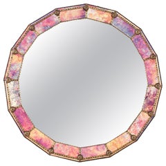 Venetian Style Round Mirror with Pink Purple Glass and Brass Frame