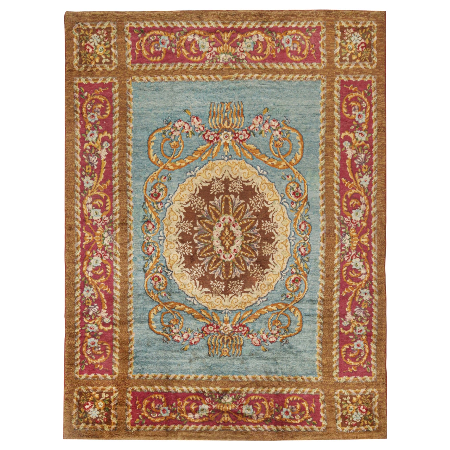 Antique Spanish Savonnerie Rug in Blue with Medallion