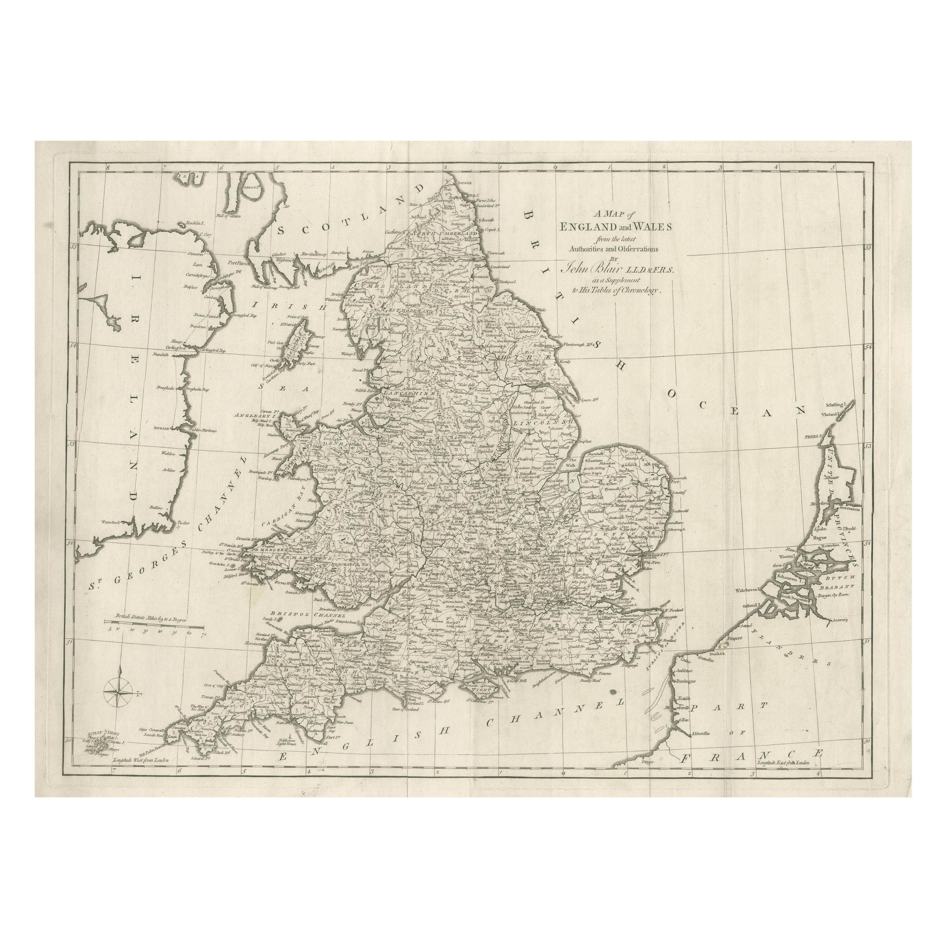 Large Antique Map England and Wales, with Part of the Coastlines For Sale