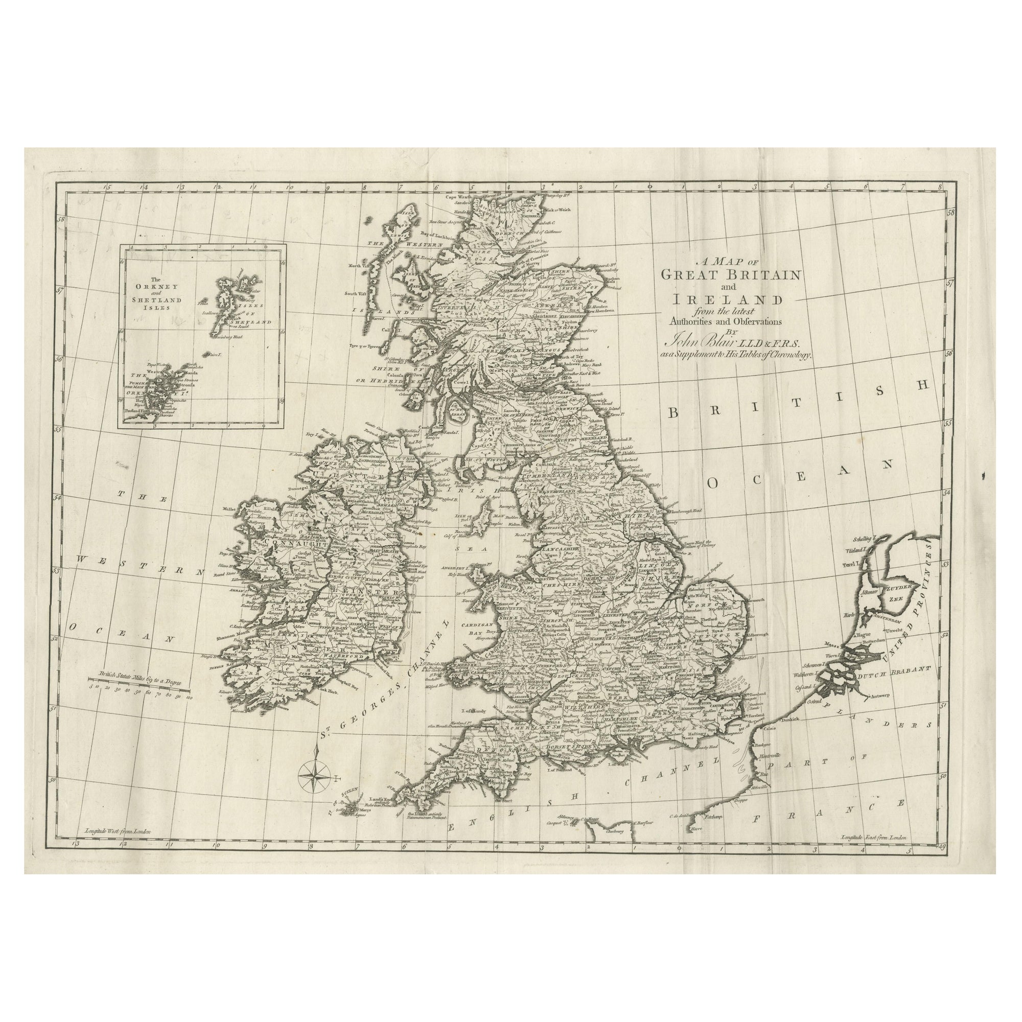 Large Antique Map of the British Isles, with inset of the Orkneys and Shetlands For Sale